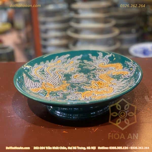 Mâm Bồng Thờ Men Xanh Lục Bảo Đắp Nổi2