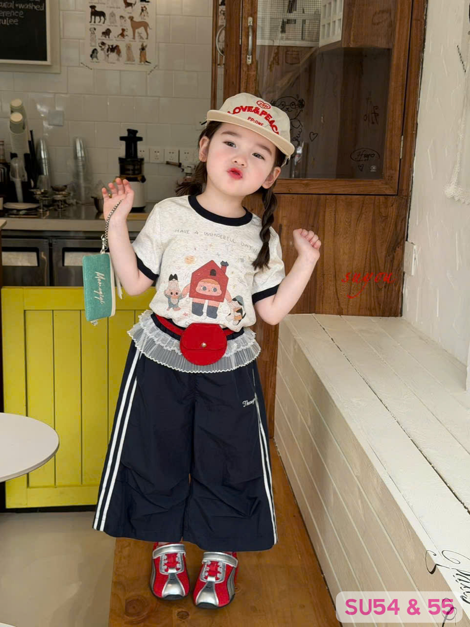 SU54 - Áo thun viền cổ tay phối bèo voan in hình màu kem hãng Suyou