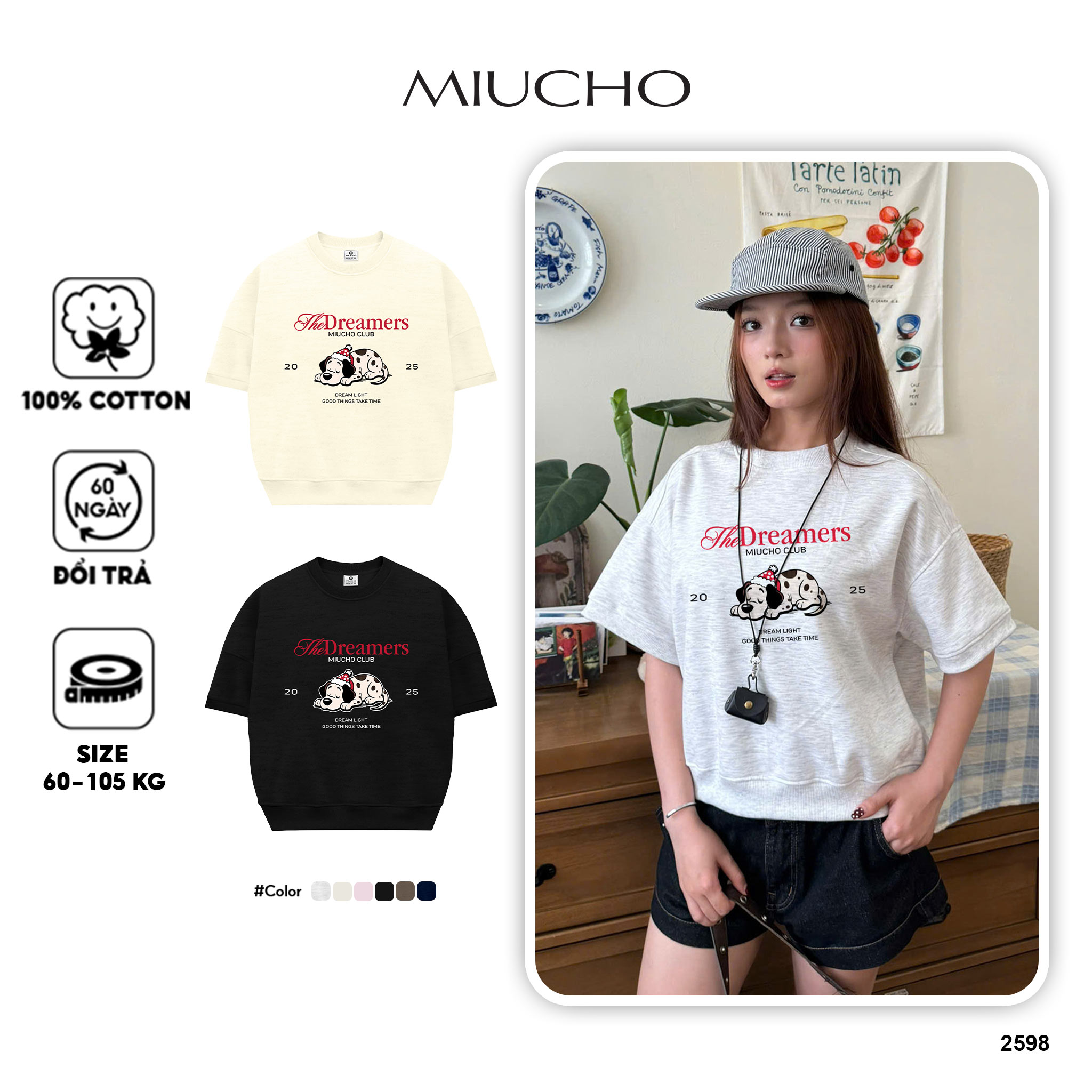 Áo sweater tay ngắn form boxy hình cún dễ thương 2598 Miucho chất vải nỉ 2 da cao cấp thoáng mát in mix