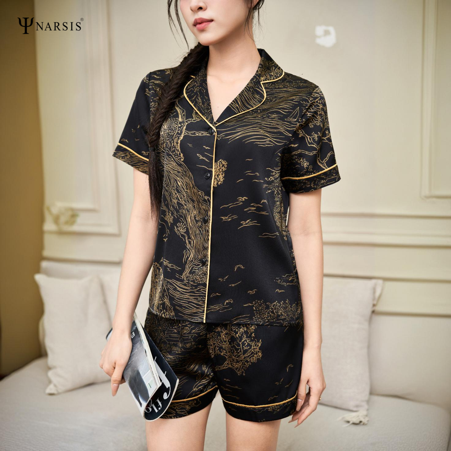 Đồ Bộ Mặc Nhà Pyjama Narsis M25008, Tay Cộc, Quần Ngắn, Lụa Ngọc Trai, Mềm Mại, Đen Vân Nâu_thumbnail_4