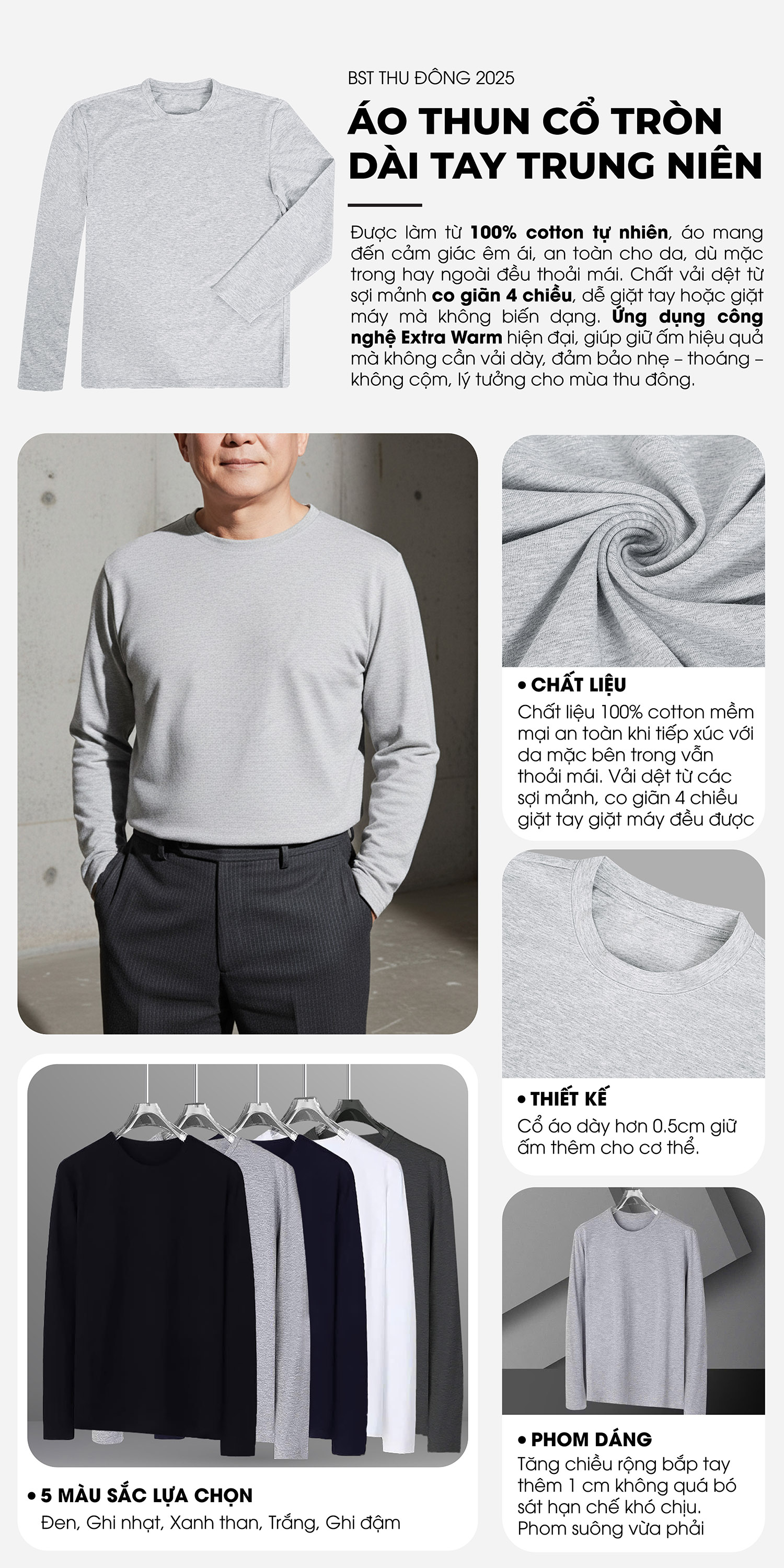 mô tả áo thun dài tay trung niên ANCHI
