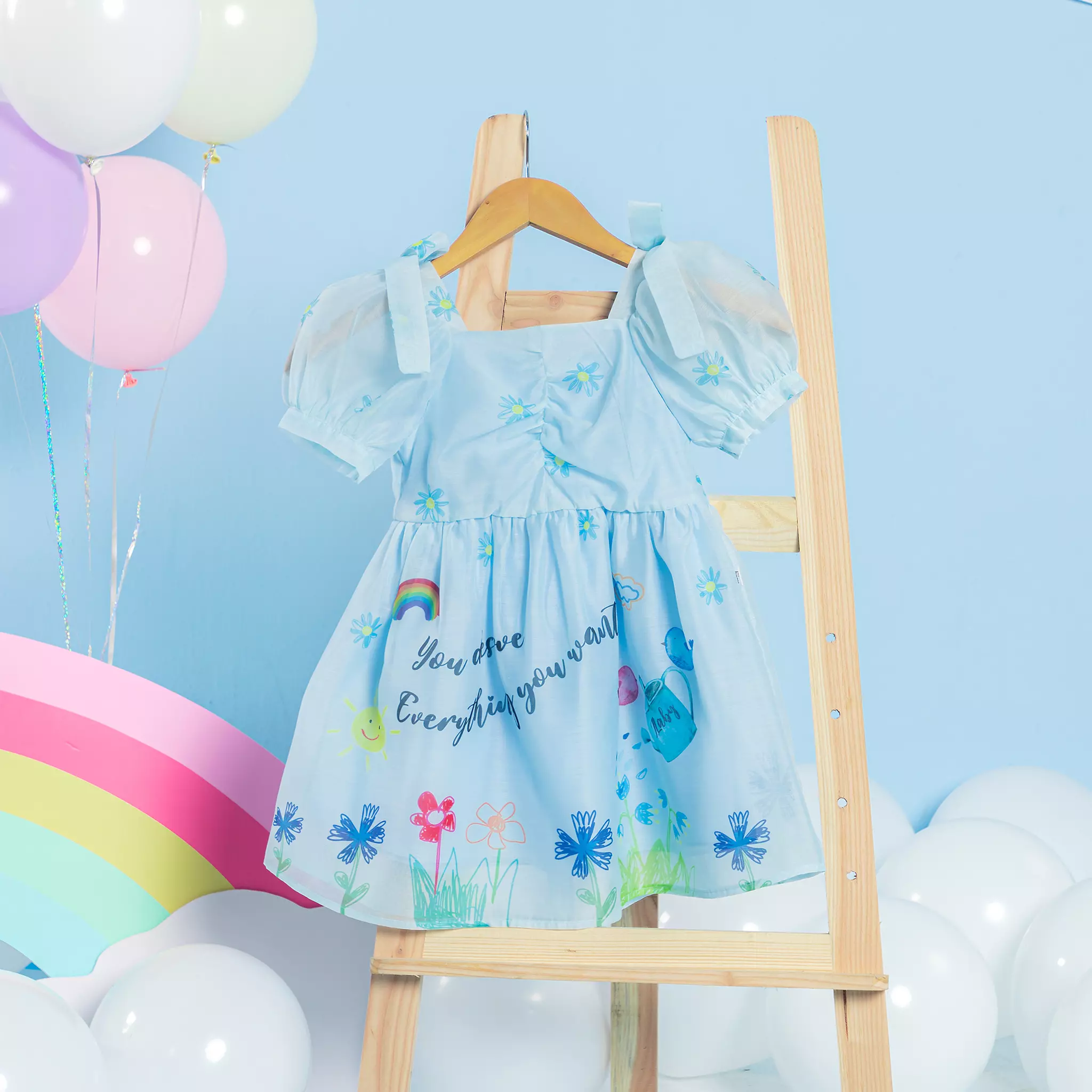 Váy tơ xanh in nơ vai_thumbnail_0