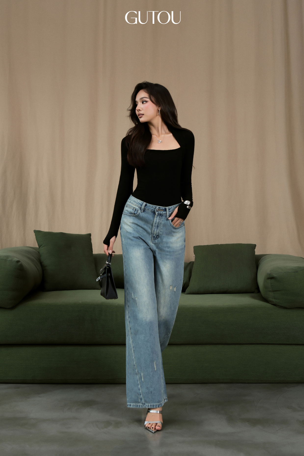 [ GUTOU ] Quần Jeans Suông Wash Xước Aerin Style_thumbnail_7