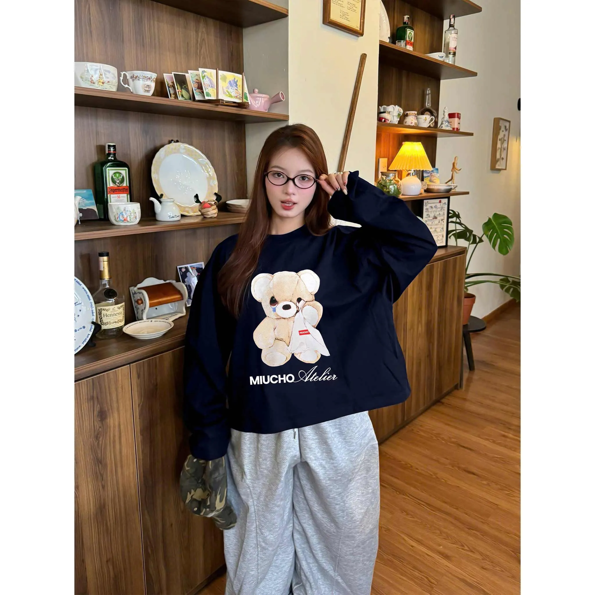 Áo thun form boxy tay dài Miucho cotton co giãn 2 chiều thoáng mát cổ tròn gấu bông in mix 2693_thumbnail_5