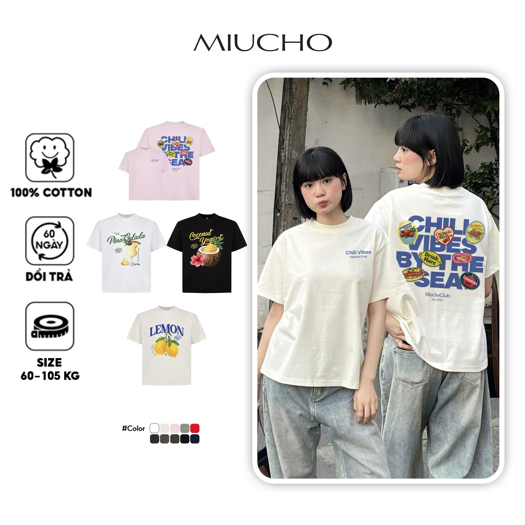 Áo thun boxy chill vibes 2104 Miucho cổ tròn vải cotton 2c 250gsm đứng form in mix