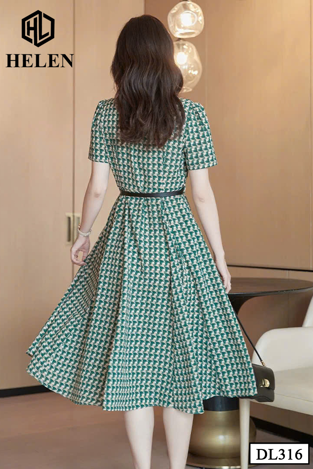 Đầm xòe họa tiết xanh cổ tàu DL316