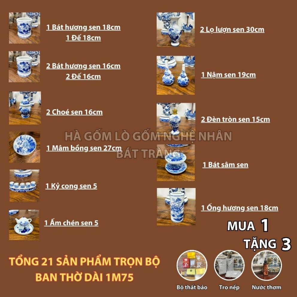 HG272 Đồ Thờ Cúng Bộ 21 món ban thờ 1M75 men trắng nghệ nhân Bát Tràng chế tác TẶNG Thất Bảo, Tro Nếp_thumbnail_1