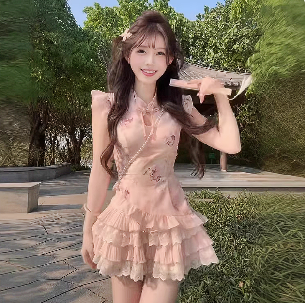 16794-Set áo  cổ tàu kèm chân  váy tầng phối ren cách điệu ( voan tơ, lót)