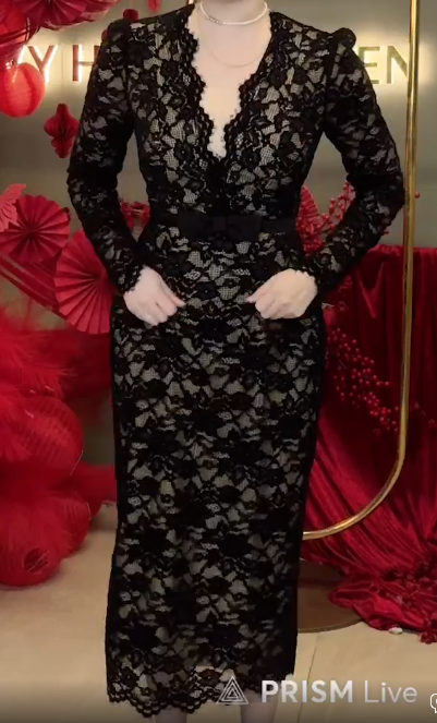 Đầm Bút Chì Ren Cổ V Tay Dài Thắt Nơ Eo