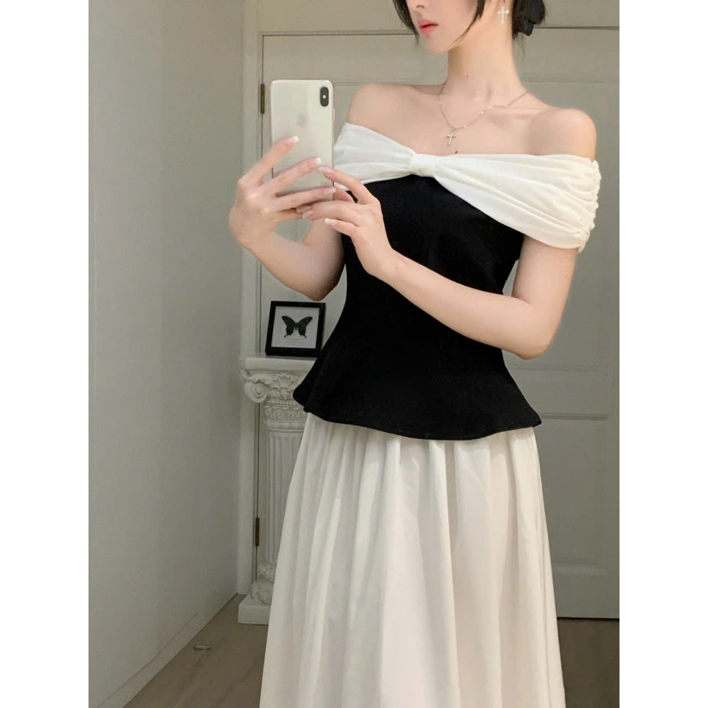 Set áo peplum trễ vai đen trắng kèm chân váy bồng xoè dáng dài phong cách tiểu thư, thanh lịch Logastore_L69_thumbnail_1