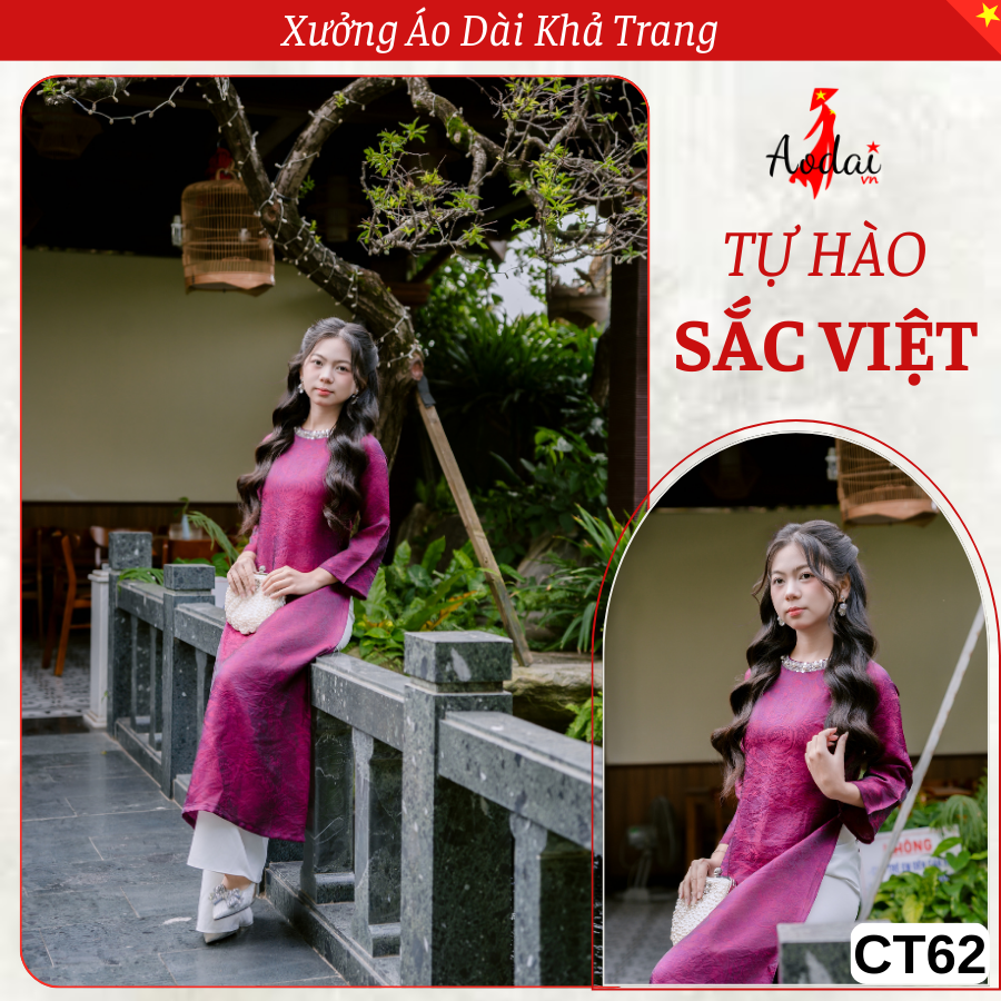 CT62 Áo Dài Cách Tân Gấm Tơ Óng Kim Cương Cổ Tròn Đính Hạt Tay Loe màu Tím