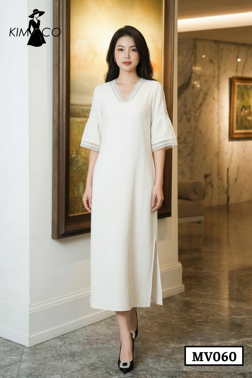 Đầm Suông Thanh Lịch Phối Ren Cổ V – MV060