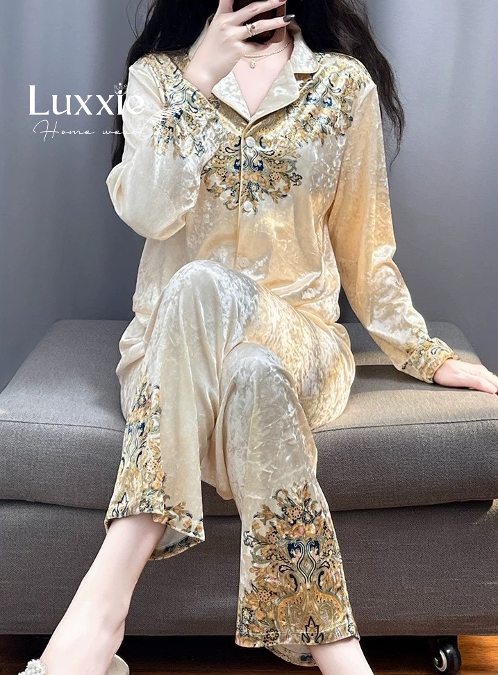 NHUNG12 Pijama vải nhung vàng hoàng gia