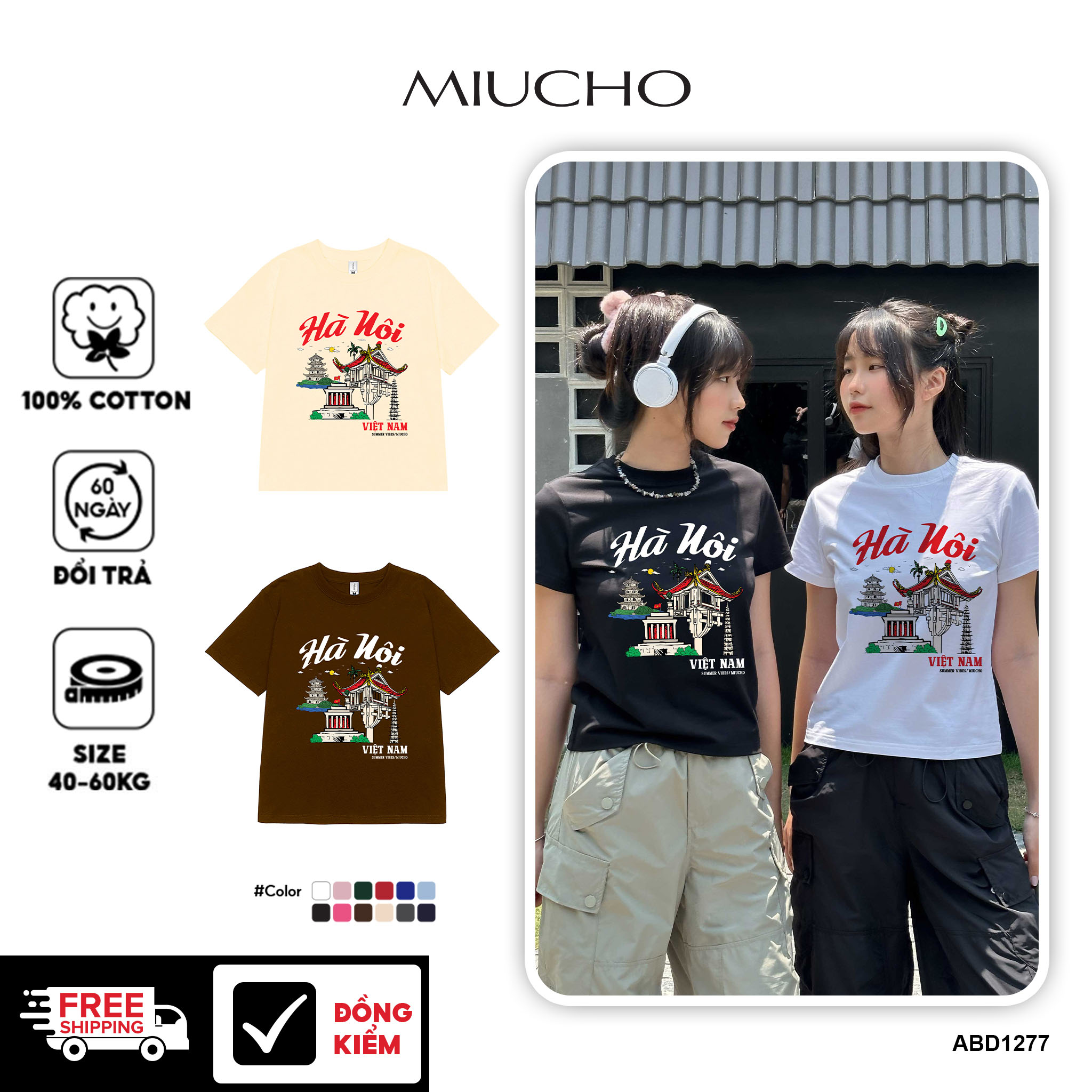 Áo thun baby tee form ôm xinh xắn ABD1277 Miucho tay ngắn cổ tròn in hình Hà Nội