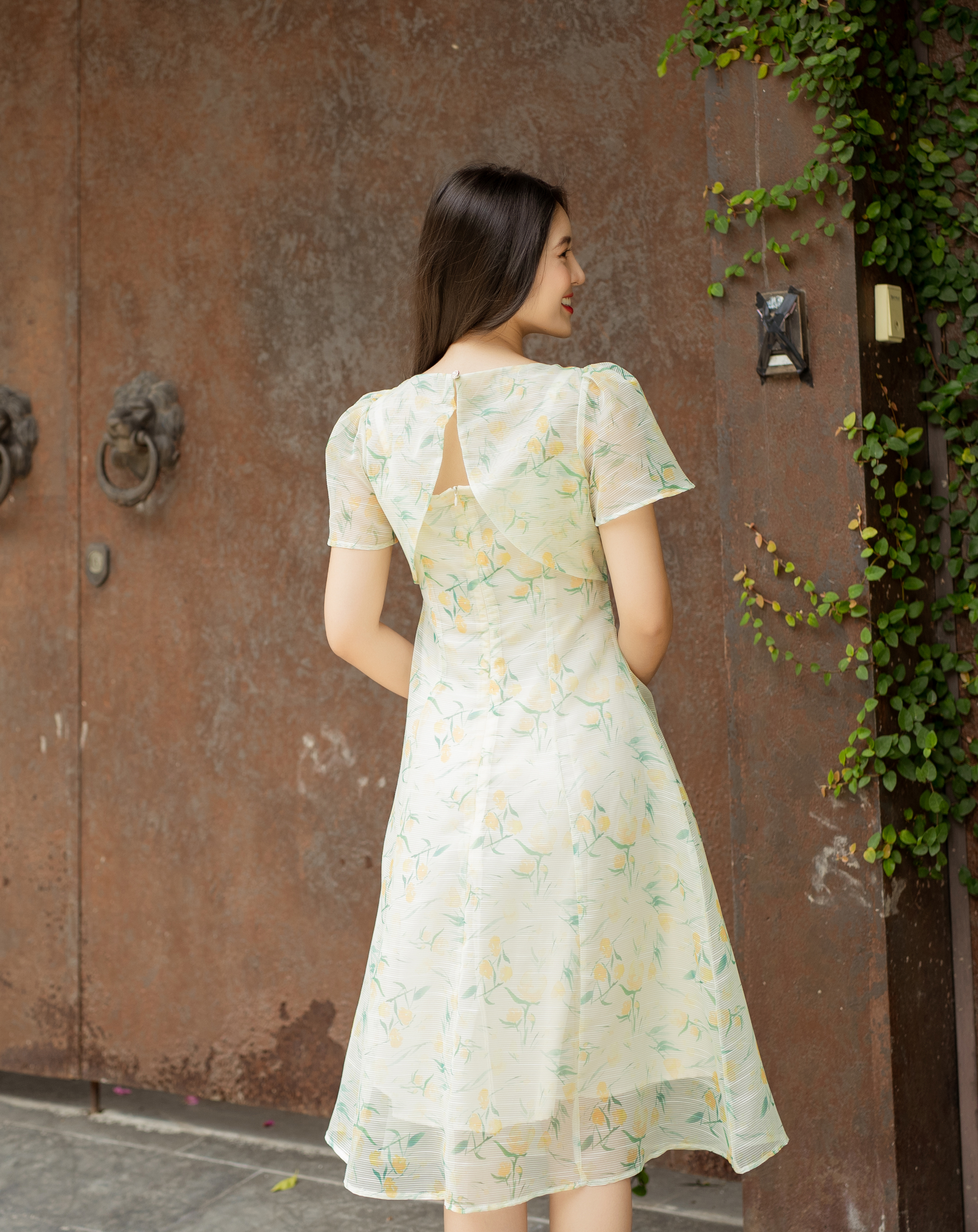 Đầm xòe họa tiết hoa mẫu đơn tay cánh tiên_thumbnail_3