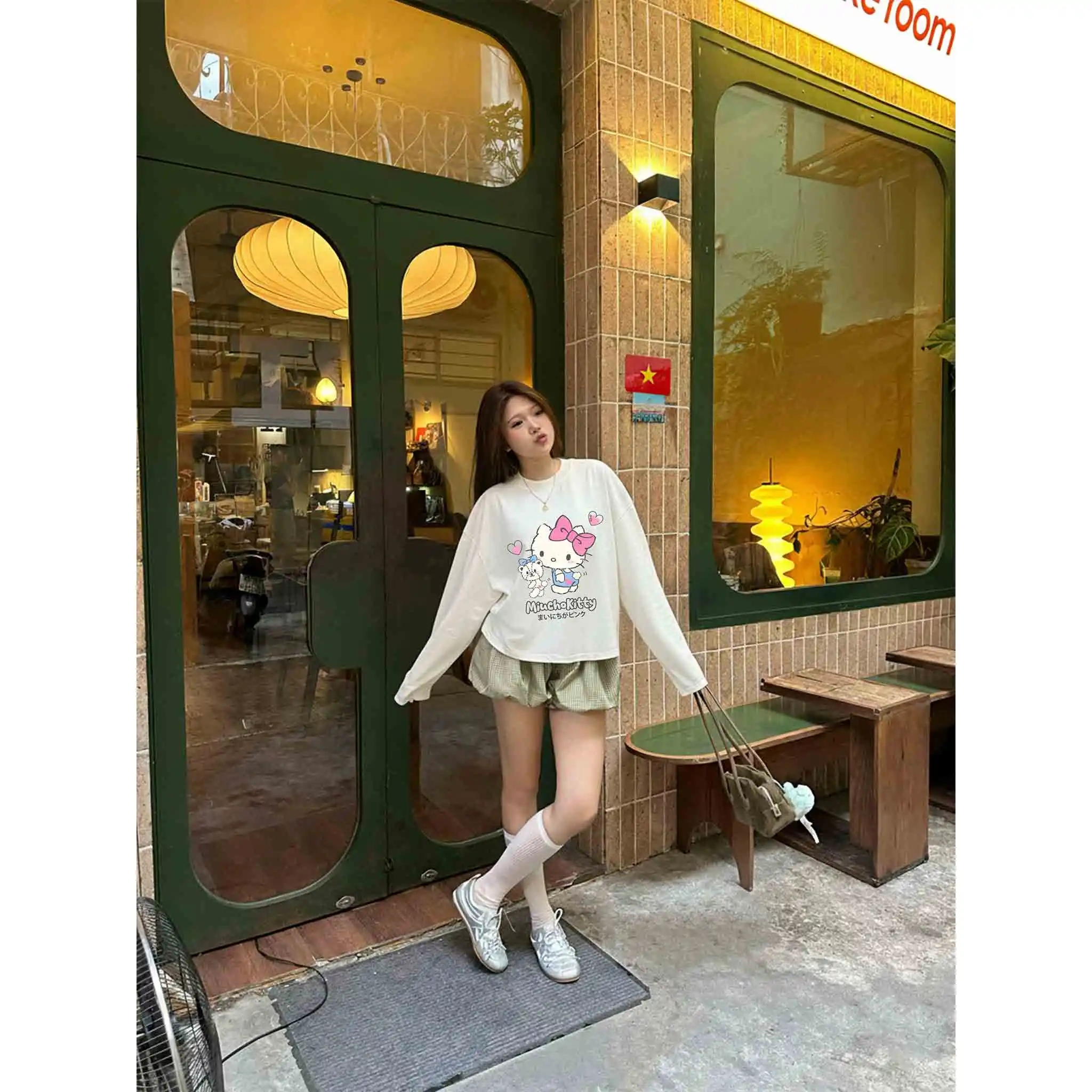 Áo thun nữ form boxy Miucho vải cotton thoáng mát thấm hút tốt tay dài cổ tròn Kitty dễ thương 2802_thumbnail_3