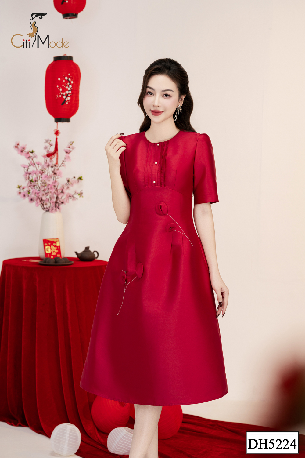 Đầm xoè tafta đỏ phối hoa_thumbnail_0