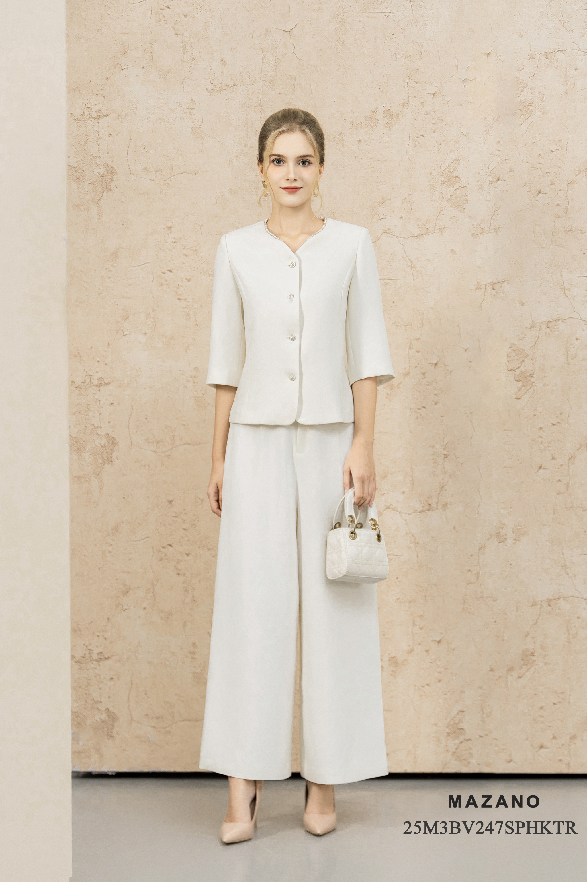 Bộ áo vest quần suông vải thô dày trắng kem không Cổ trang trí ngọc trai Tay lỡ Dài áo qua eo,quần dài đến mắt cá