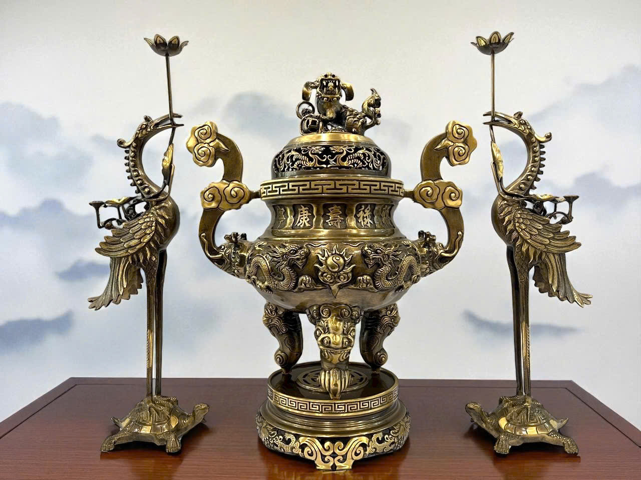 Bộ ngũ sự rồng đúc đồng vàng màu giả cổ cao 70cm _thumbnail_2