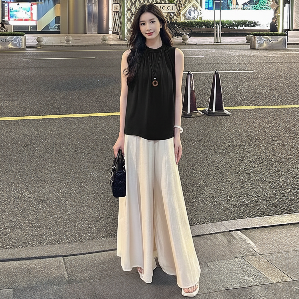 Set bộ quần ống rộng phối áo cổ lọ Phong Cách