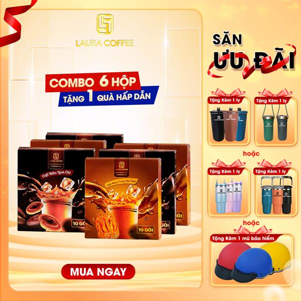 [QUÀ TẶNG] Combo 6 Hộp Mix vị Nấm Linh Chi + Đông Trùng Hạ Thảo - Laura Coffee - Nhật Kim Anh - Cà phê thảo mộc 2 vị Cafe