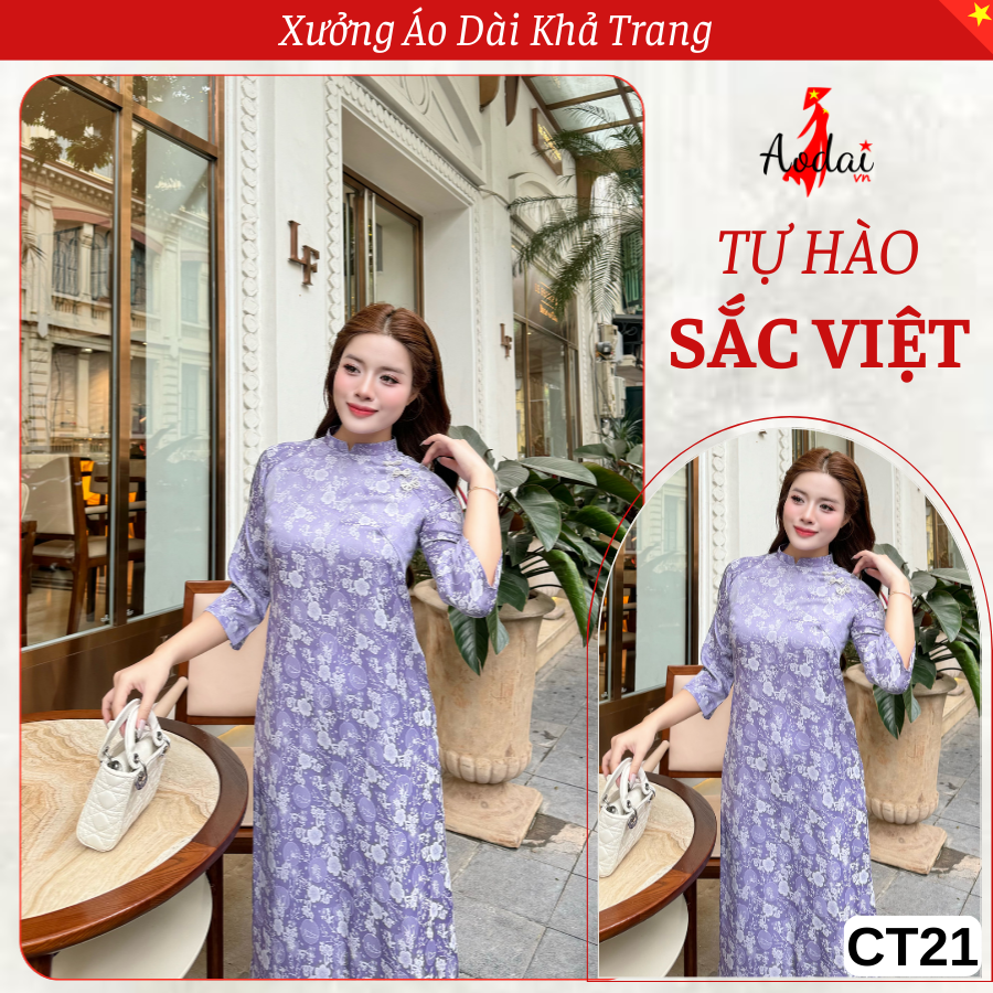 CT21 Áo Dài Cách Tân Gấm Dáng Suông màu Tím cà Cổ Cao 2cm Tay Lỡ_thumbnail_3