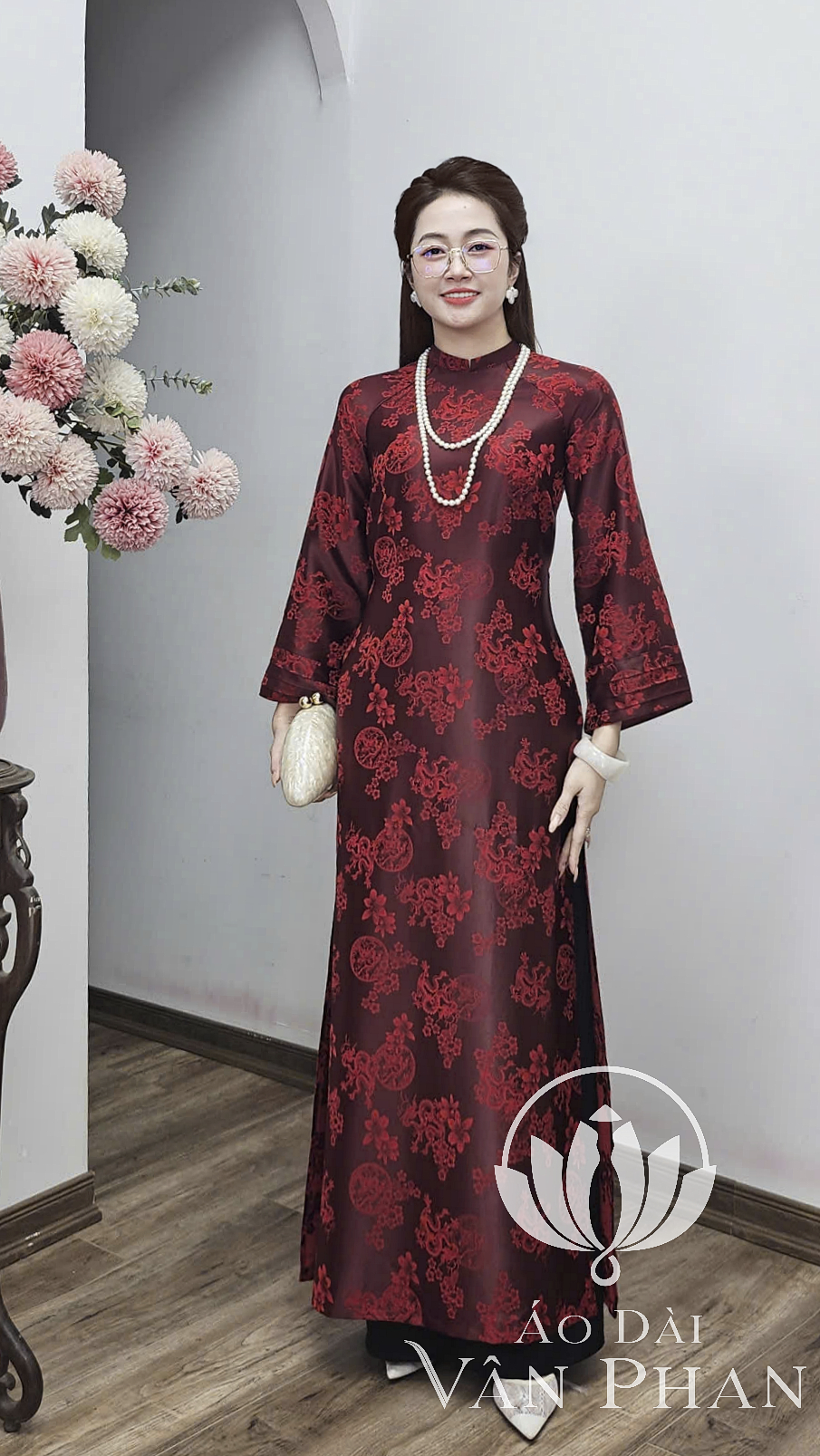 CT343 áo dài cách tân cổ 2p tay loe đài gấm đỏ đô_thumbnail_2