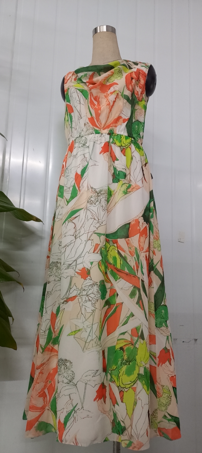 Đầm Maxi vải voan màu trắng in hoạ tiết hoa lớn