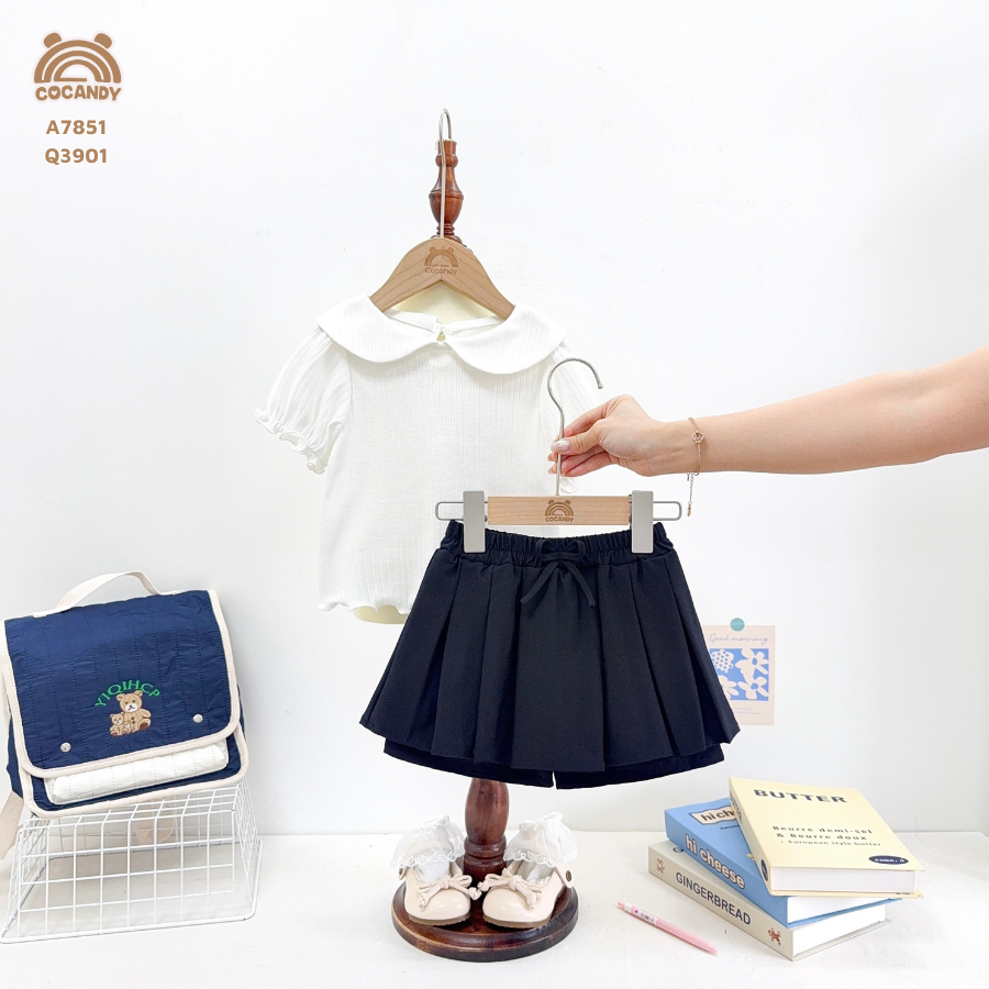 Quần váy ĐEN xếp ly bản to phối nơ