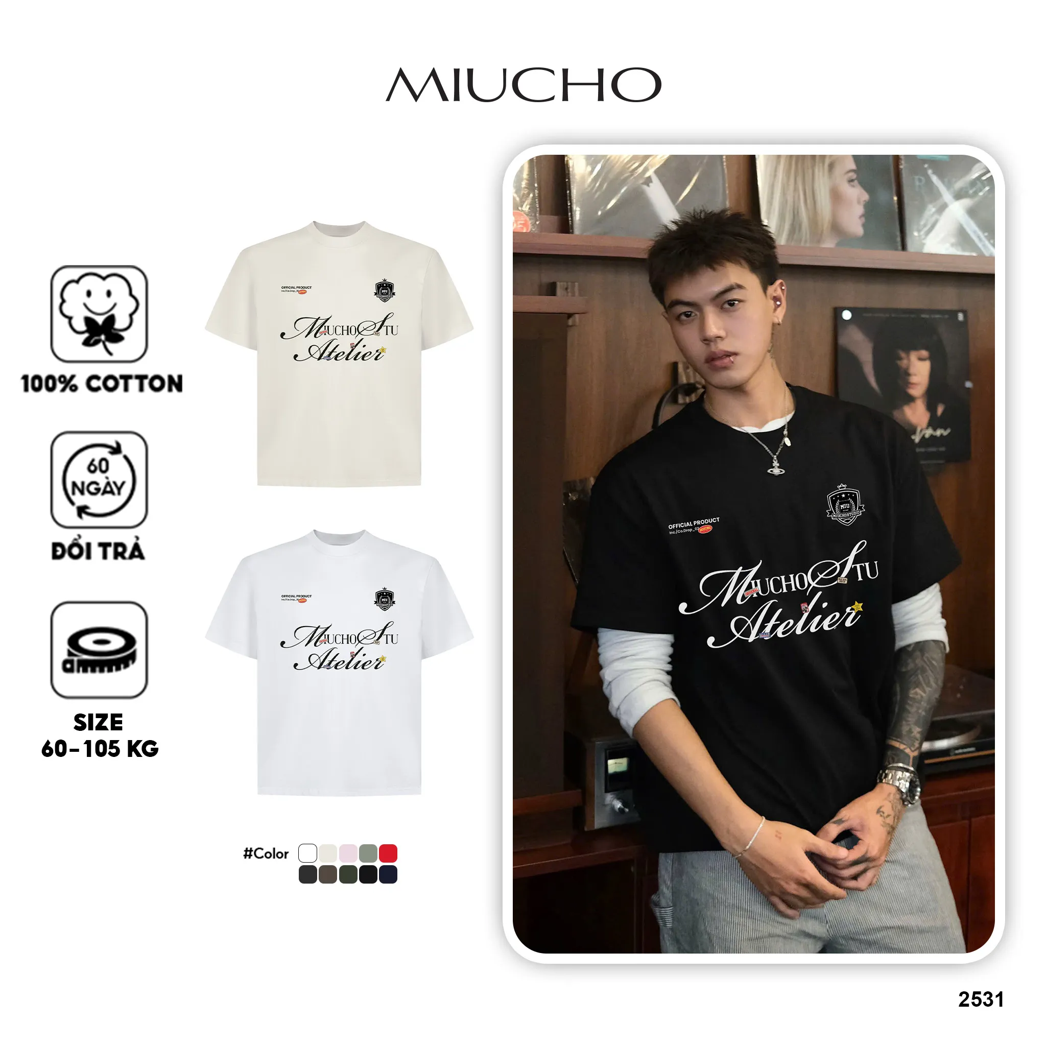 Áo thun nam nữ form boxy 2531 Miucho Club vải cotton thoáng mát thiết kế basic nhiều màu in mix_thumbnail_1