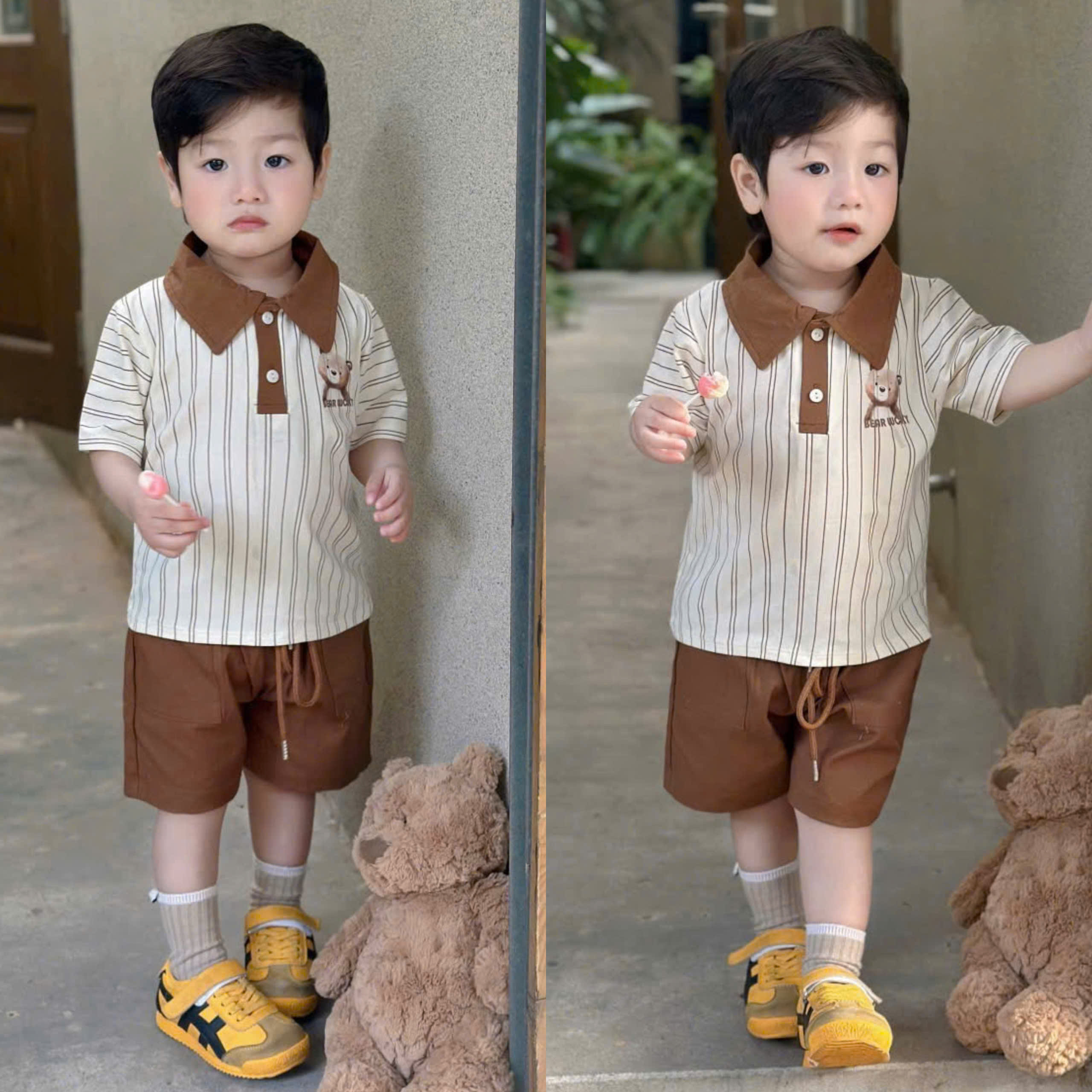 B46 BỘ POLO CỔ NÂU SỌC GẤU 2 CÚC KÈM MŨ - A117.1755