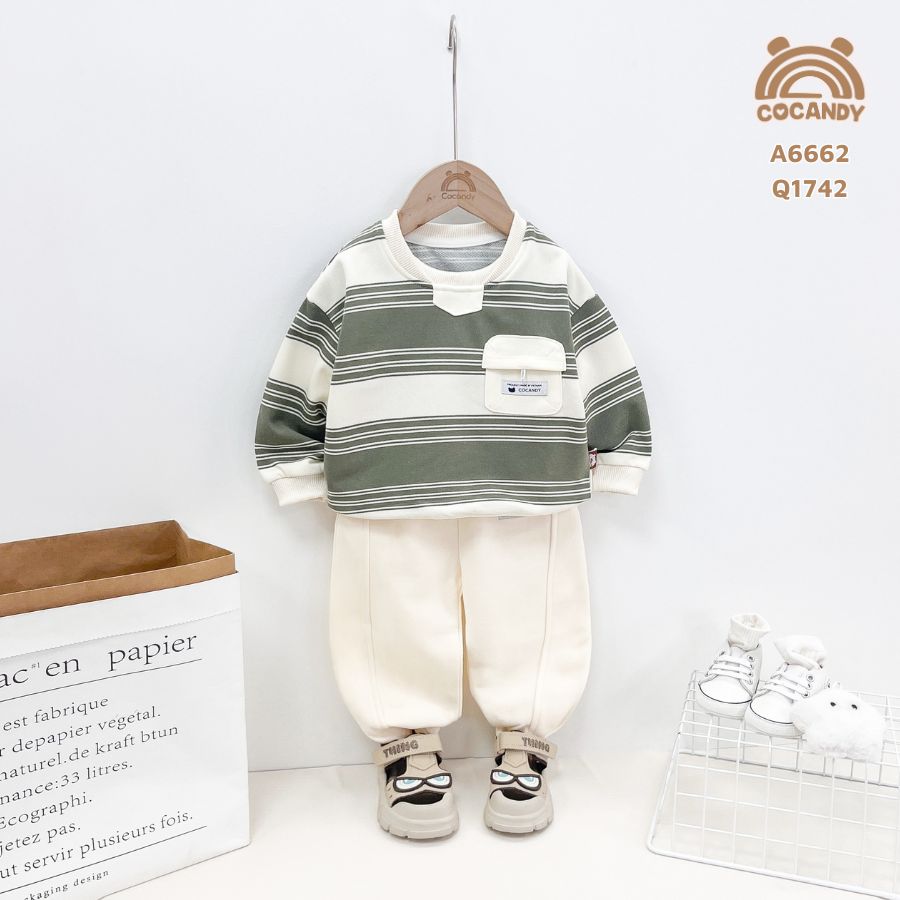 Áo dài kẻ XANH BE túi ngực BE COCANDY_thumbnail_1