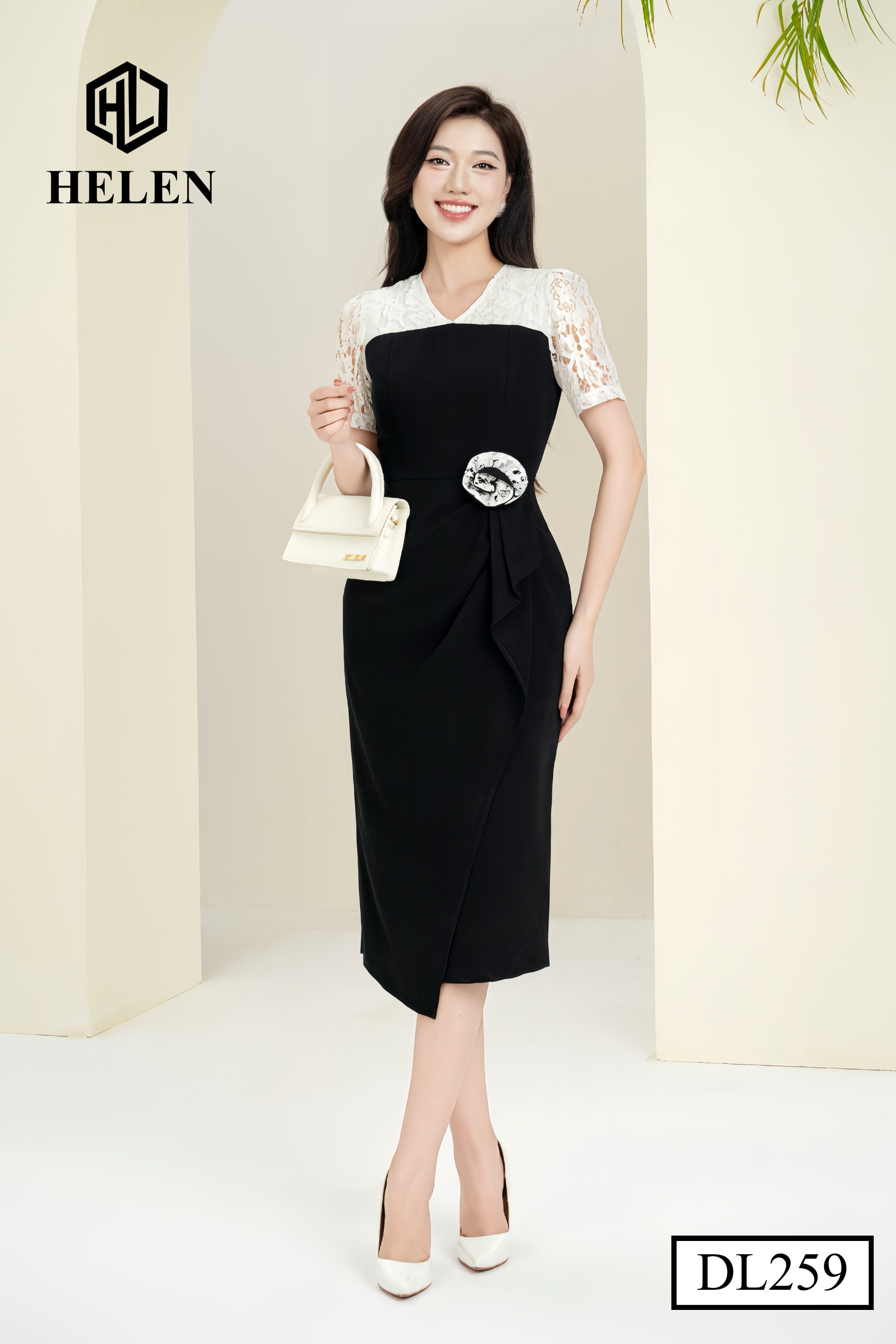 Đầm ôm đen phối ren trắng đính hoa eo DL259_thumbnail_2