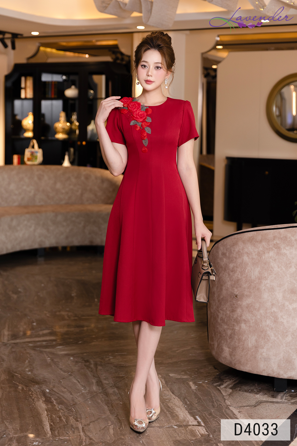  Đầm xòe đỏ cổ tròn cách điệu tay ngắn hoa duy băng D4033