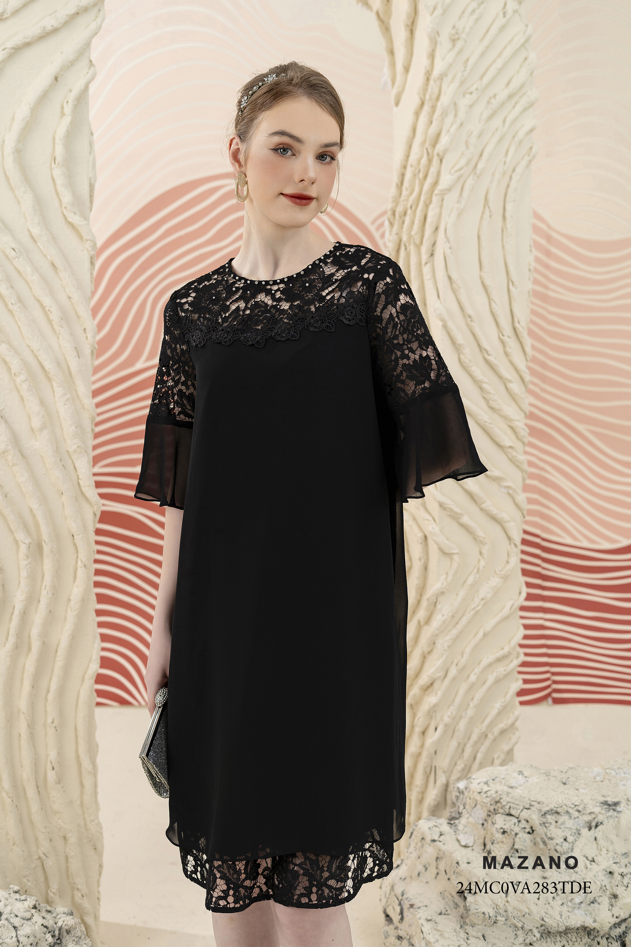 Váy Đầm suông Vải voan phối ren đính trang trí Cổ ovan Tay lỡ dài qua gối - Mẫu 24MC0VA283TDE_thumbnail_2