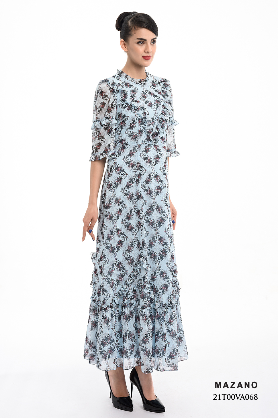 Đầm nền xanh họa tiết phối bèo cách điệu_thumbnail_2