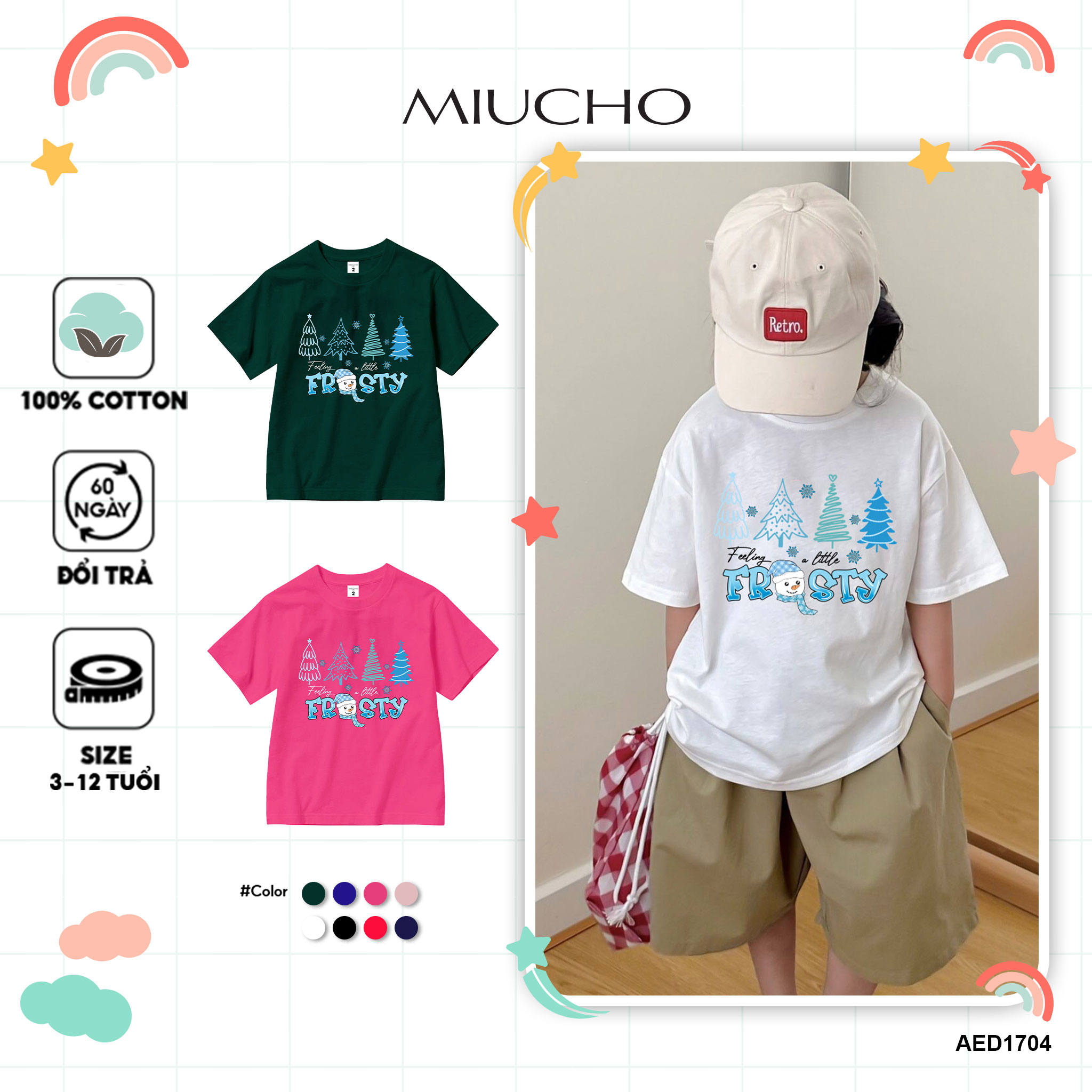 Áo thun bé gái giáng sinh noel from rộng chất vải cotton thoáng mát AED1704 Miucho Kid in artwork