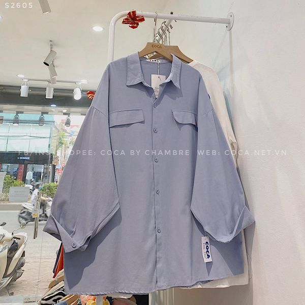 Áo sơ mi thô cotton trơn 2 nắp túi form rộng Hàn Quốc_thumbnail_7
