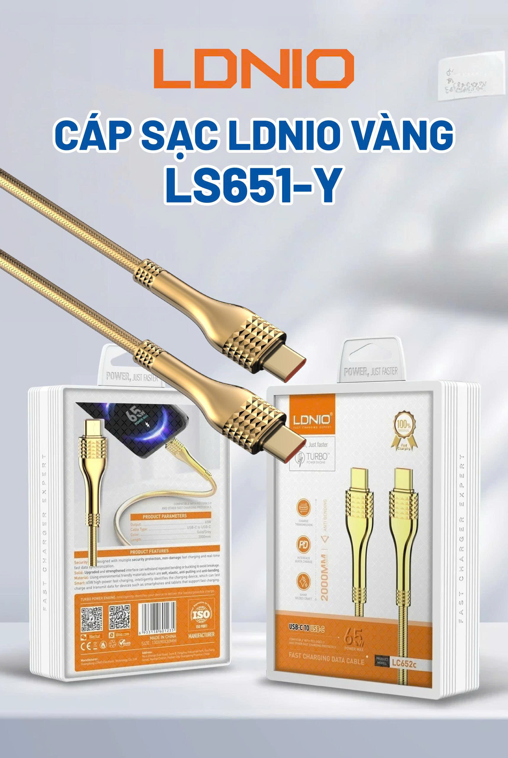 Cáp Sạc Type-C Ldnio Vàng - LS651-C-Y
