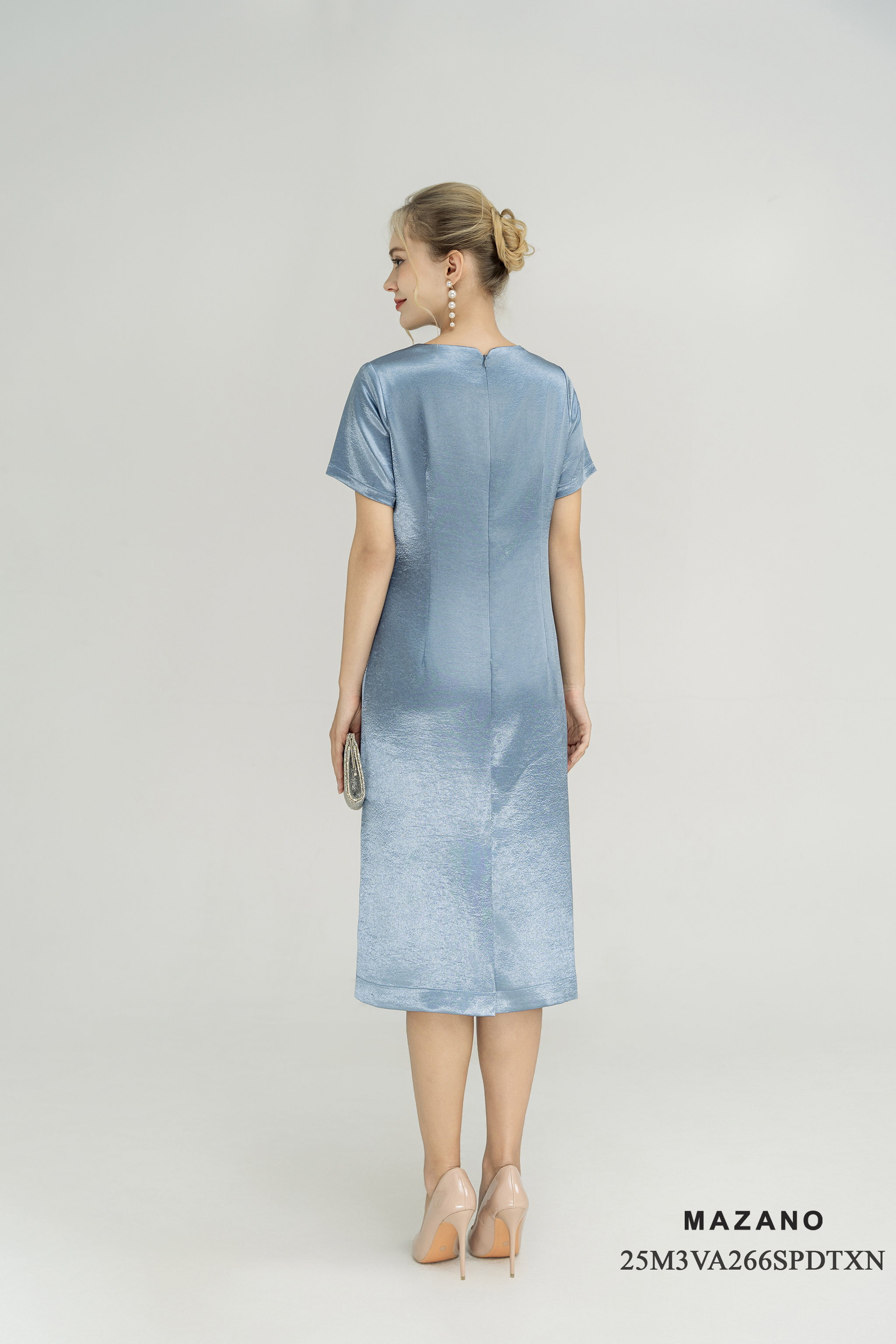 Váy Đầm Suông Vải lụa dày Trang trí ren thủ công Cổ tròn Tay ngắn Dài qua bắp chân_thumbnail_2