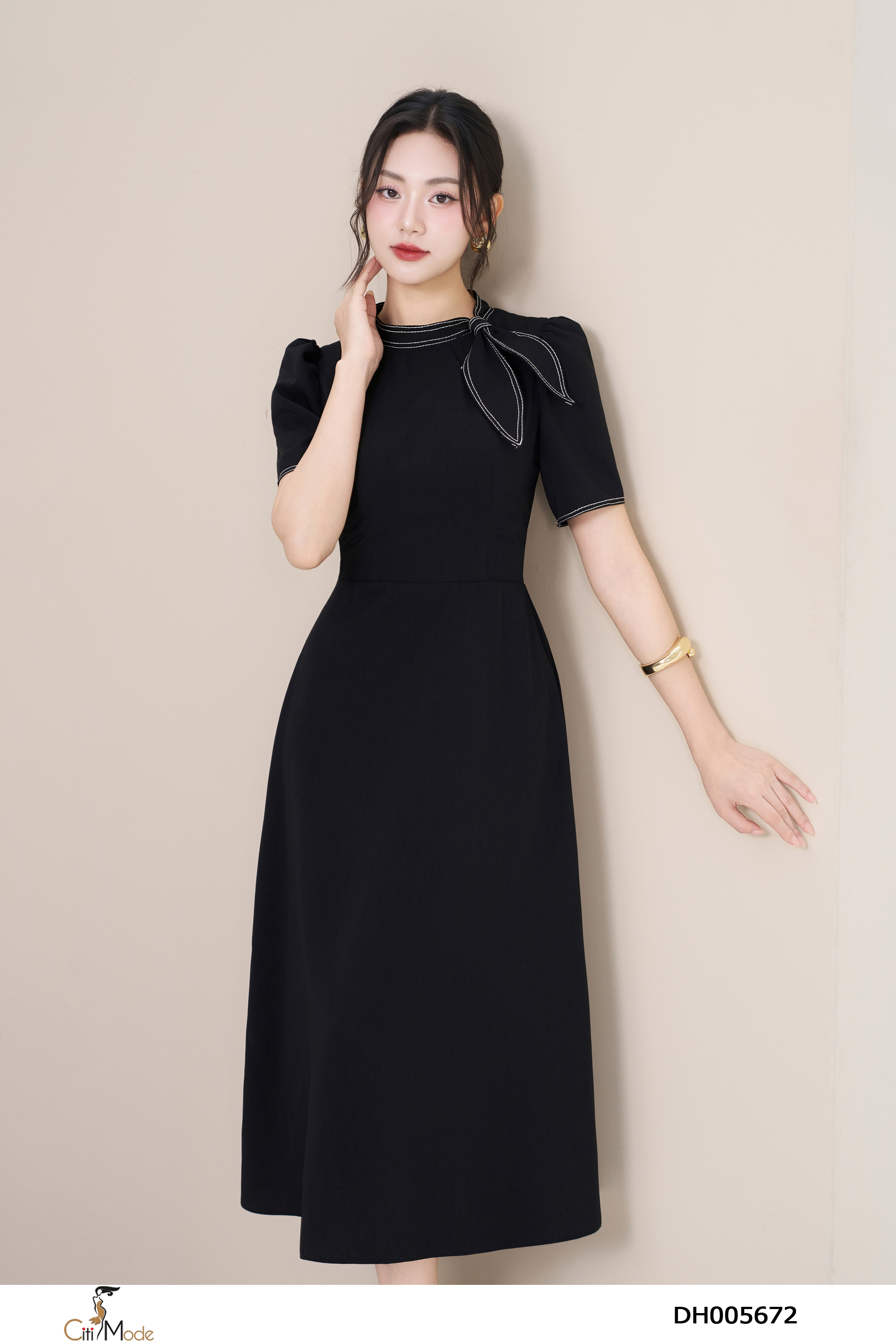 Đầm xòe đen tay cộc nơ cổ_thumbnail_3