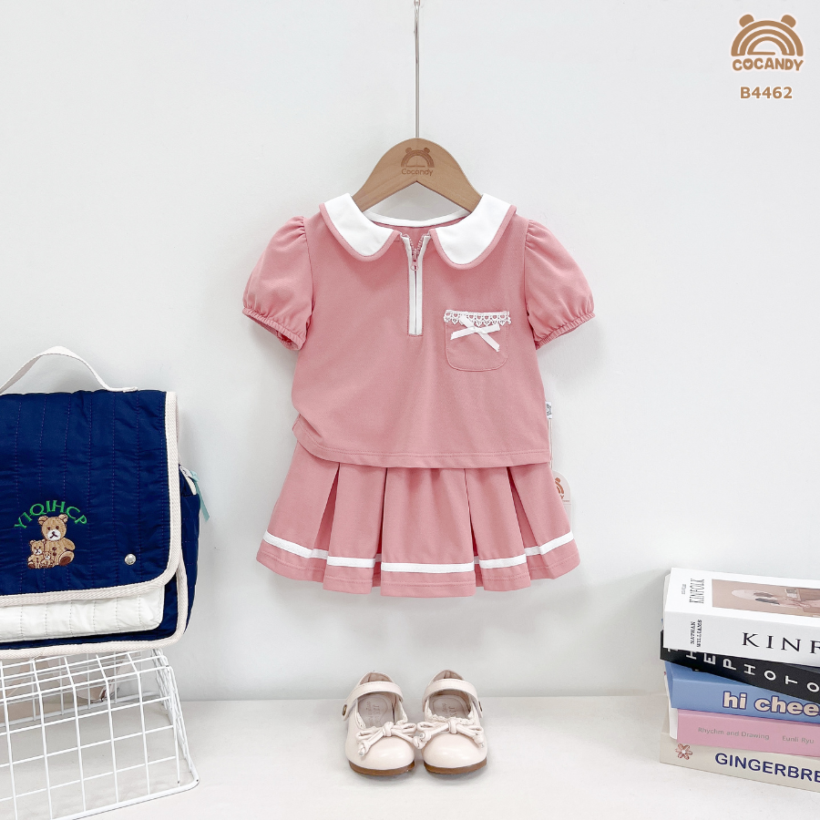 Bộ cộc HỒNG polo cổ sen khóa + chân váy