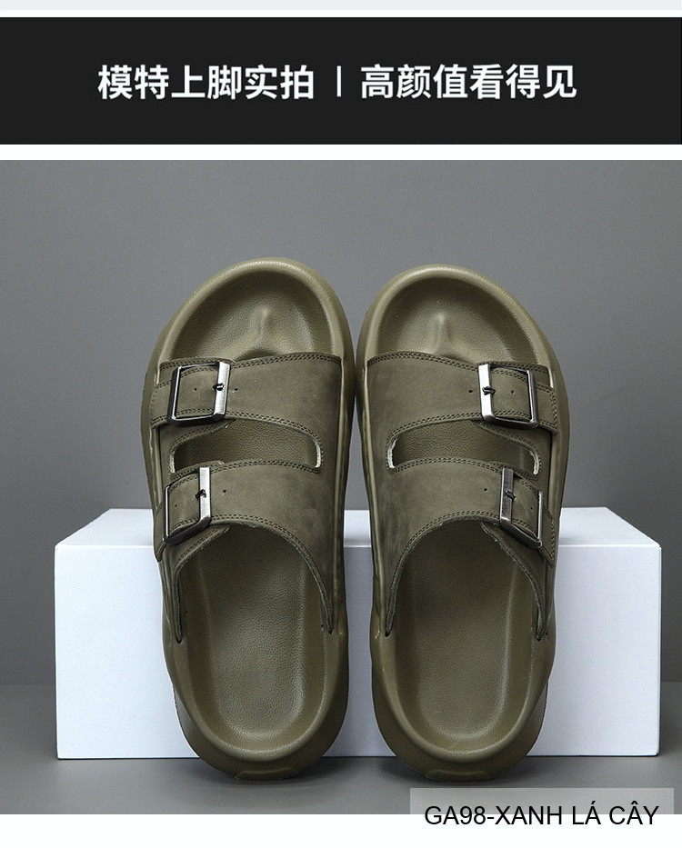 GA98 - Dép xỏ ngón nam đế dày thời trang, da bò mềm, hai quai khóa kim loại, màu Xanh Lá Cây và Đen_thumbnail_6