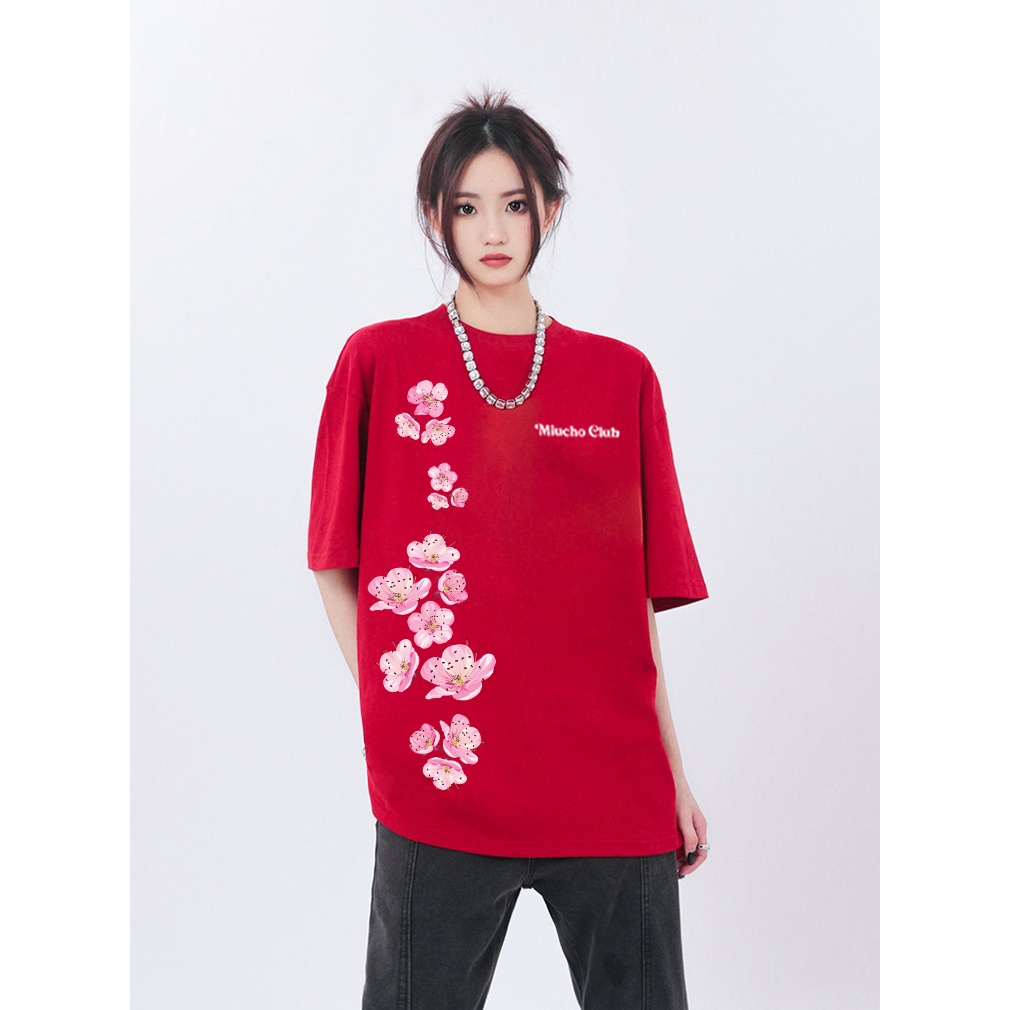 Áo thun Tết in hoa đào form rộng local brand ATD923 Miucho tay ngắn cổ tròn in mix_thumbnail_6