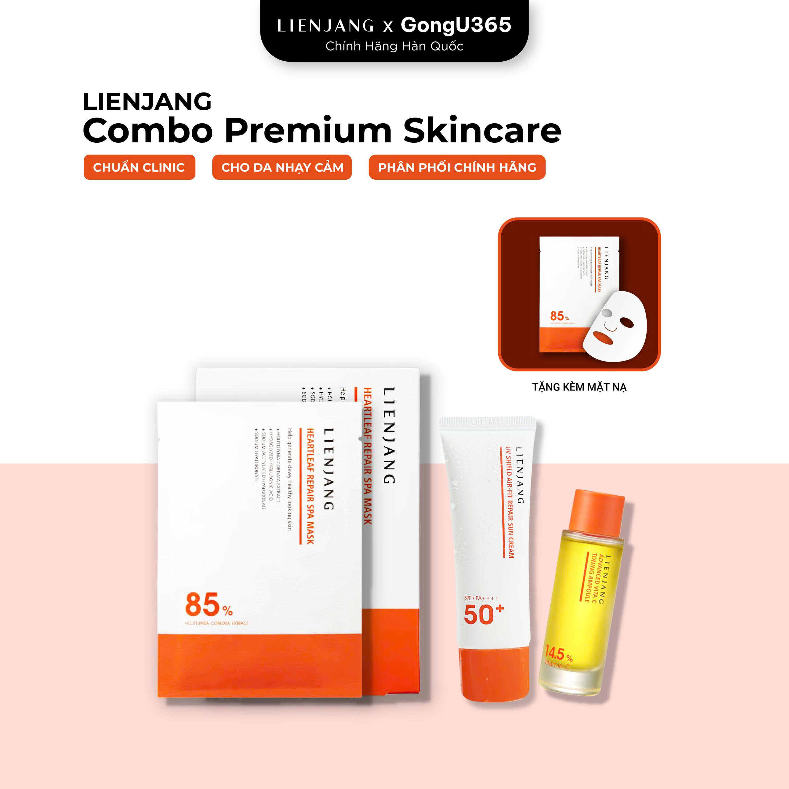 COMBO LIENJANG ADVANCED VITA C TONING AMPOULE 14.5% & HEARTLEAF REPAIR SPA MASK & LIENJANG UV AIR FIT REPAIR SPF50+ / PA++++ - Combo Serum,Mặt Nạ Và Kem Chống Nắng Dưỡng Sáng Bảo Vệ Da Toàn Diện - Vitamin C 14.5%, Chiết Xuất Rau Diếp Cá 85% - [LJ017]