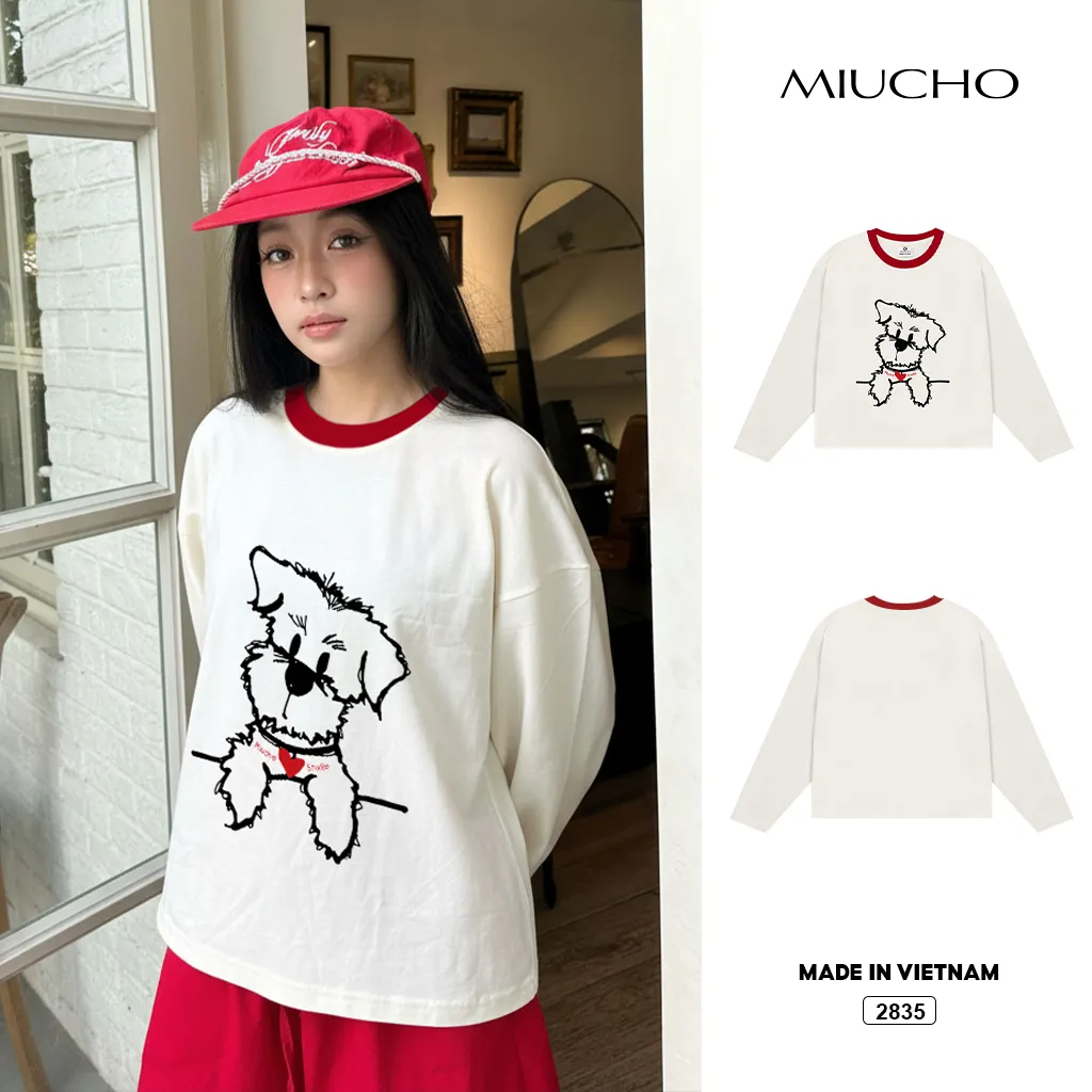 Áo thun boxy tay dài Miucho chất vải thoáng mát đứng form hình cún đáng yêu in artwork 2835