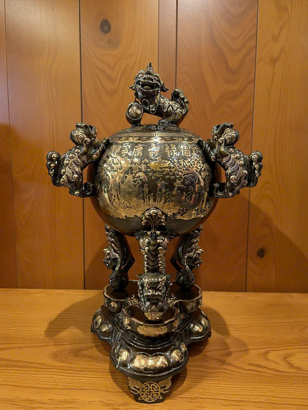 Đỉnh thất lân vờn cầu cao 1m2 đúc đồng đỏ cạo màu hoa văn _thumbnail_1