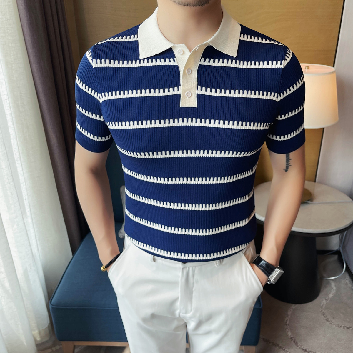 PA59 – Áo polo nam dệt kim băng lụa sọc tay ngắn, ve áo co giãn_thumbnail_4