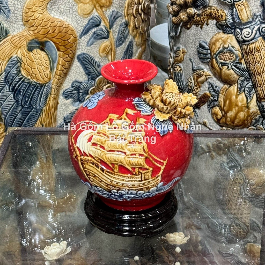 Bình Tài Lộc - Lọ Hoa Hút Lộc Gốm Bát Tràng Bền Đẹp Cao Cấp TẶNG ĐẾ GỖ Họa tiết Thuận Buồm Xuôi Gió_thumbnail_7
