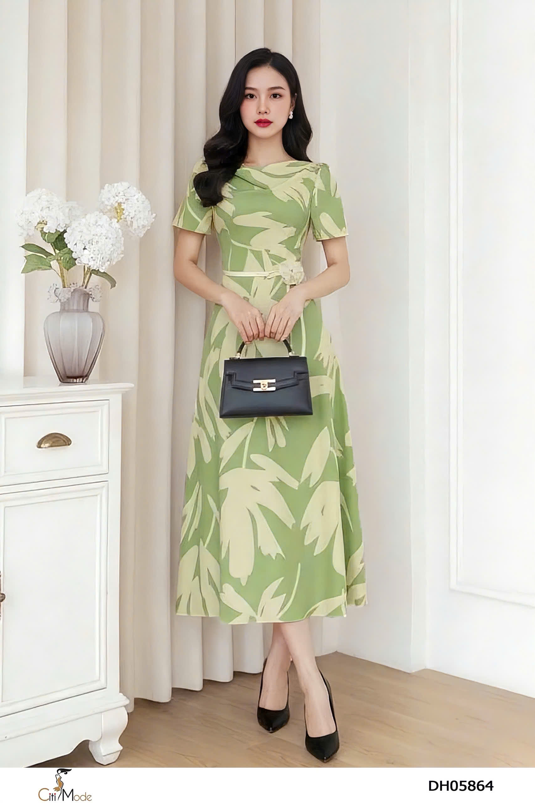 Đầm xòe hoa nổi xanh 3D tay cộc, cổ cách điệu đai eo hoa_thumbnail_2